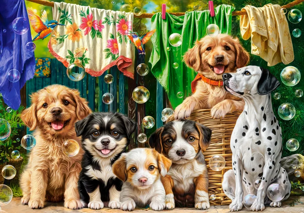 500 Piece Jigsaw Puzzle, Puppies, Laundry and Bird Antics, Puppies, Dogs, Golden Retriever, Dalmatian, Bubbles, Animal jigsaw, Adult Puzzle, Castorland  B-54152