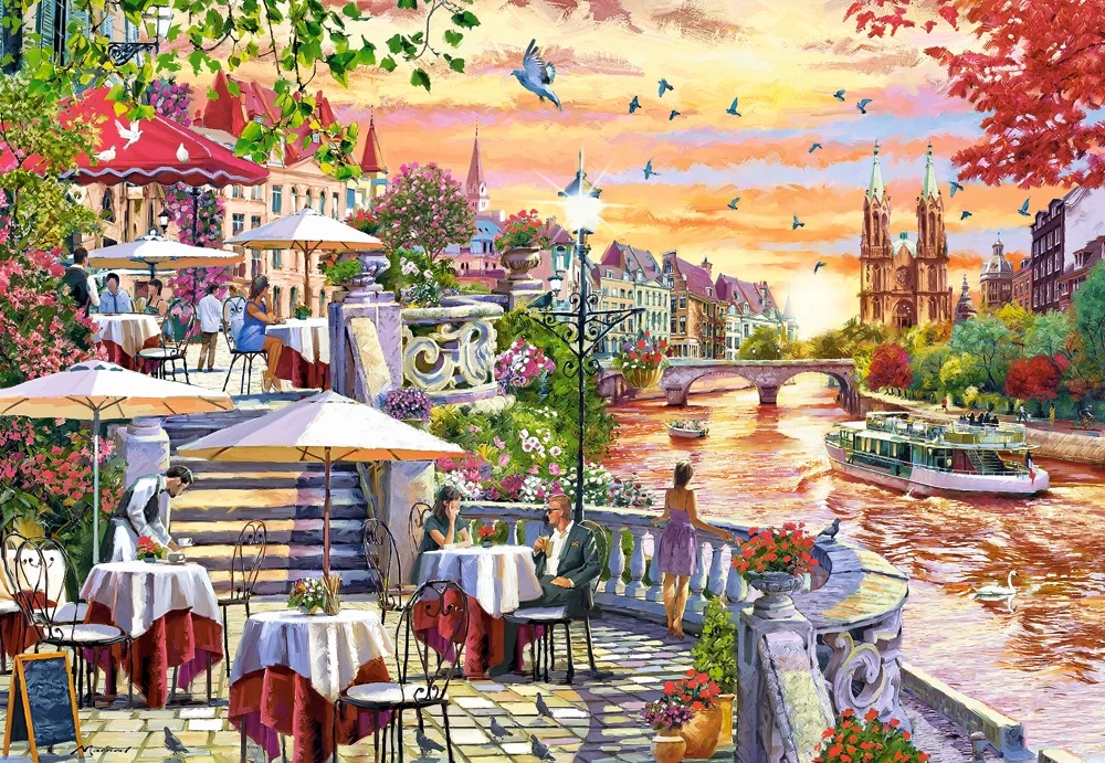 1000 Piece Jigsaw Puzzle, Romantic City Sunset, charming riverside terrace, painterly landscape, Adult Puzzle, Castorland C-104956-2