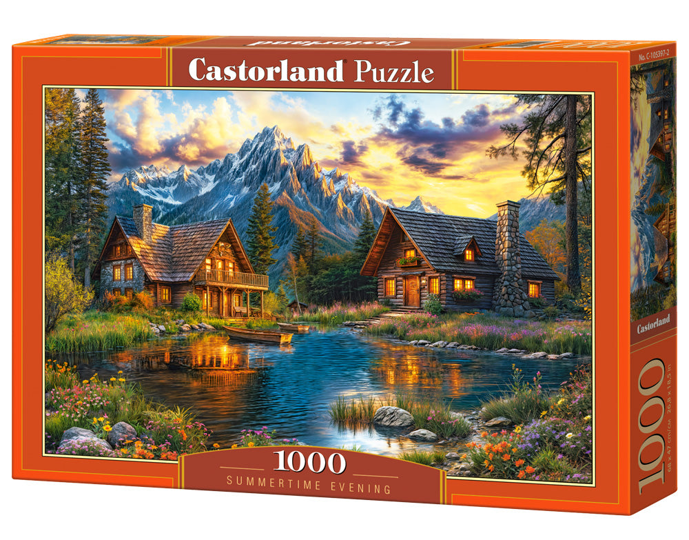 1000 Piece Jigsaw Puzzle, Summertime Evening, Cozy mountain cabins, Peaceful beauty, Sunset, Adult Puzzle, Castorland C-105397-2