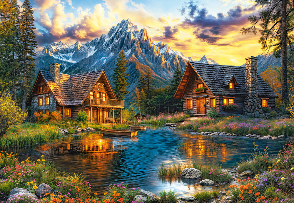 1000 Piece Jigsaw Puzzle, Summertime Evening, Cozy mountain cabins, Peaceful beauty, Sunset, Adult Puzzle, Castorland C-105397-2