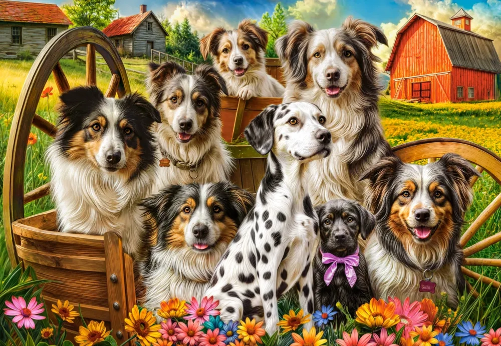 1000 Piece Jigsaw Puzzle, Happy Dogs In The Countryside, Pups in the Meadow, Rustic country puzzle, Adult Puzzle, Castorland C-105410-2