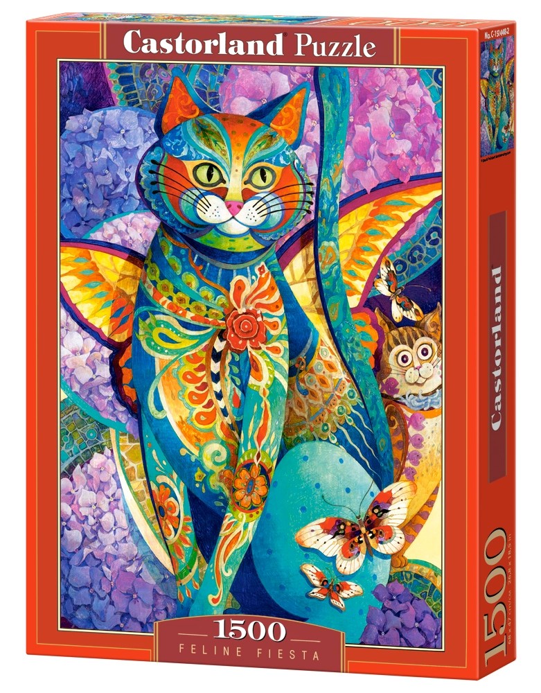 1500 Piece Jigsaw Puzzle, Feline Fiesta, Art. Puzzle, Colorful cat painting, Hydrangeas flowers, Adult Puzzle, Castorland C-151448-2