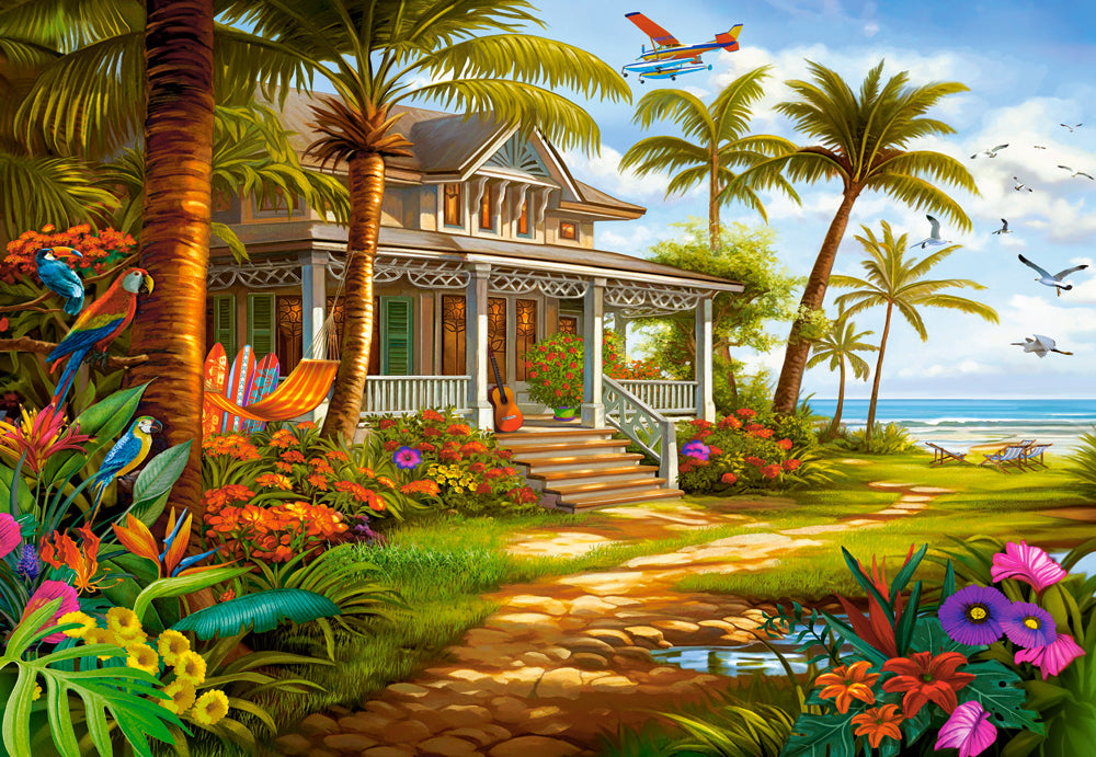 1500 Piece Jigsaw Puzzle, Palm House, Beach house, Colorful flowers, Tropical oasis, Adult Puzzle, Castorland C-152223-2