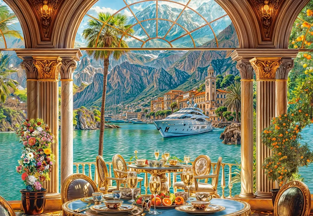 1500 Piece Jigsaw Puzzle, Mediterranean Dessert, Elegant Coastal Villa, Yacht Scene, Italy, Scenic European Travel Brain Teaser, Adult Puzzle, Castorland C-152285-2
