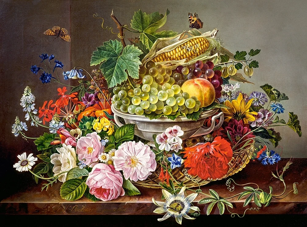 2000 Piece Jigsaw Puzzle, Still Life with Flowers and Fruit Basket, Vintage Oil Painting Style, Fine Art Botanical Brain Teaser, Adult Puzzle, Castorland C-200658-2