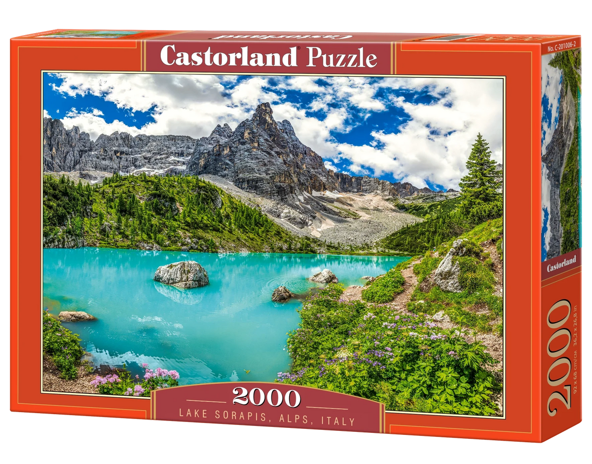 2000 Piece Jigsaw Puzzle, Lake Sorapis, Alps, Italy, Vibrant Turquoise Glacial Water Scene, Majestic Nature Photography, Dolomites, Adult Puzzle, Castorland C-201006-2