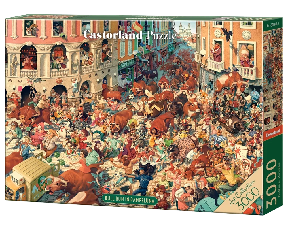 3000 Piece Jigsaw Puzzle, Bull Run in Pampeluna, Art Collection, Busy City Street Cartoon Scene, High Detail Seek and Find, Adult Puzzle, Castorland C-300648-2