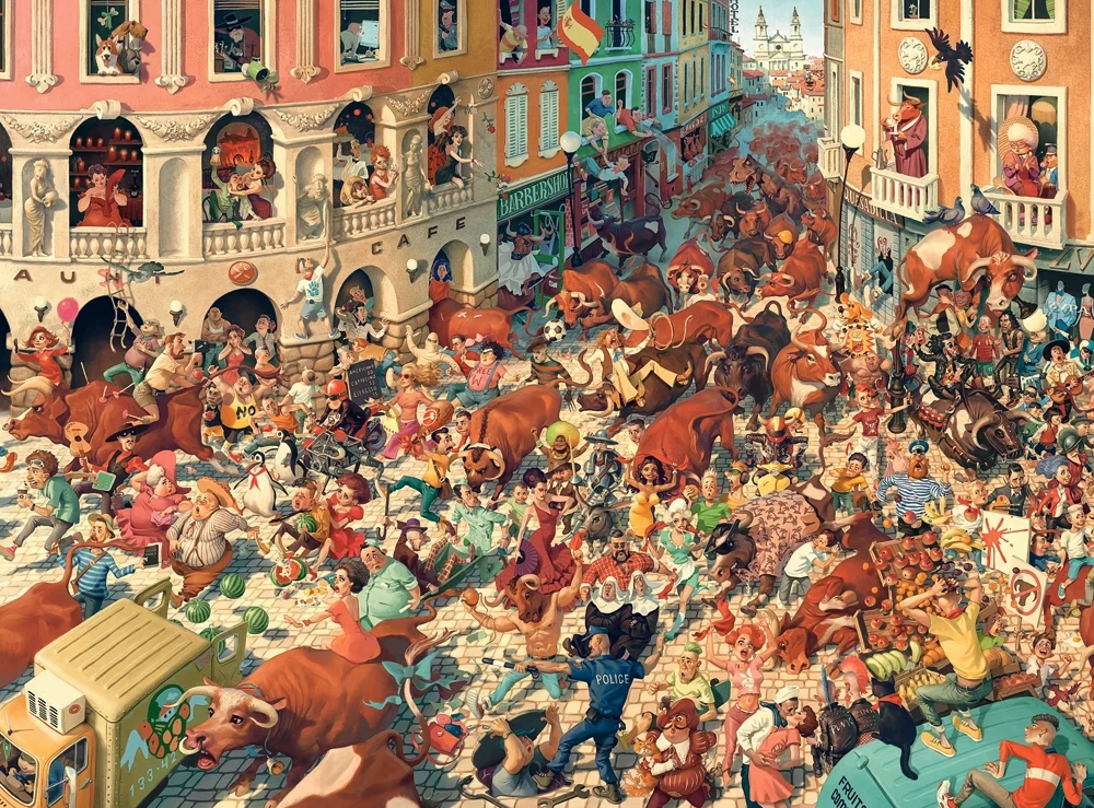 3000 Piece Jigsaw Puzzle, Bull Run in Pampeluna, Art Collection, Busy City Street Cartoon Scene, High Detail Seek and Find, Adult Puzzle, Castorland C-300648-2