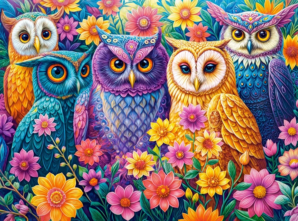 3000 Piece Jigsaw Puzzle, Flower Owl Meeting, Vibrant Colorful Owl Garden, Whimsical Folk Art Bird Scene, Adult Puzzle, Castorland C-300723-2