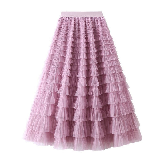 Layered Ruffled A-Line Mesh Cake Skirt with Elastic Waist - Solid Color