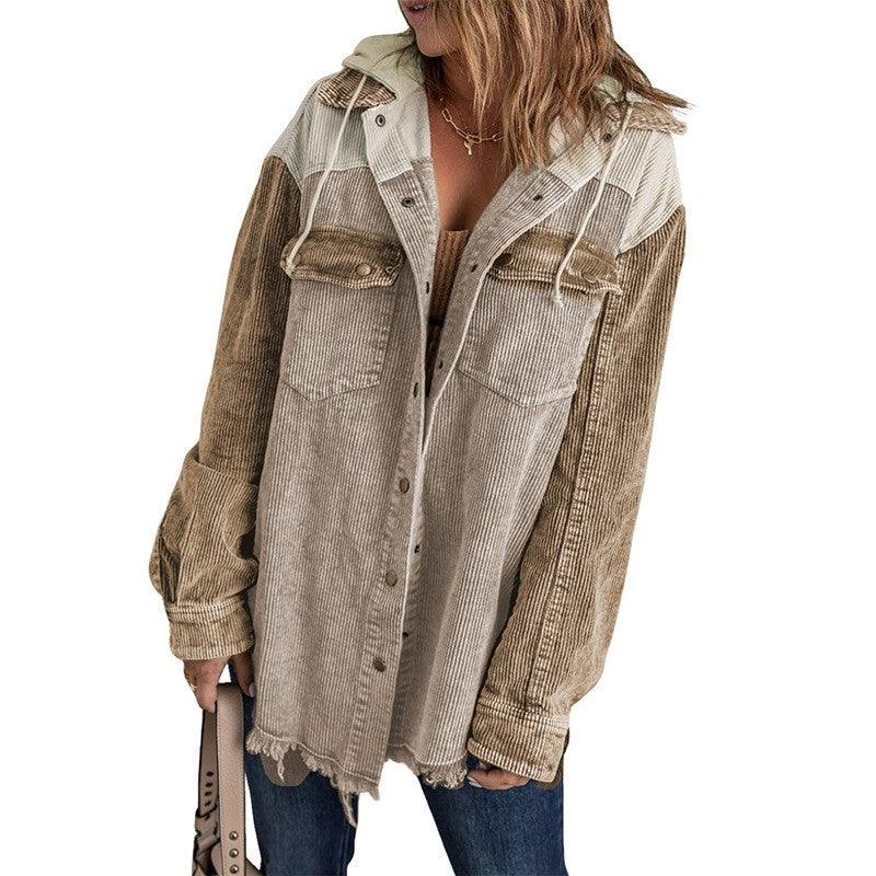 Loose Corduroy Color Block Hooded Jacket