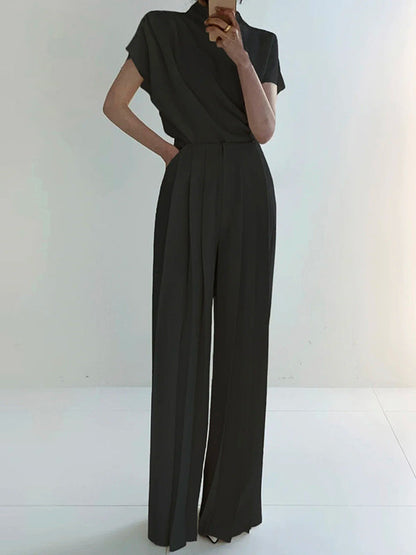 Solid Color High-Waisted Wide-Leg Pleated Urban Pants