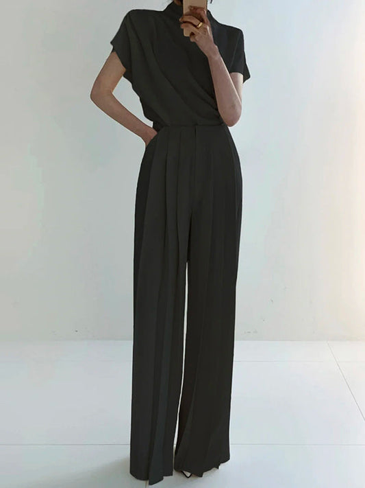 Solid Color High-Waisted Wide-Leg Pleated Urban Pants