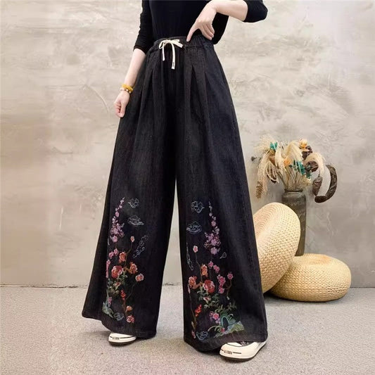 Embroidered High-Waisted Wide-Leg Pants With Tie Waist