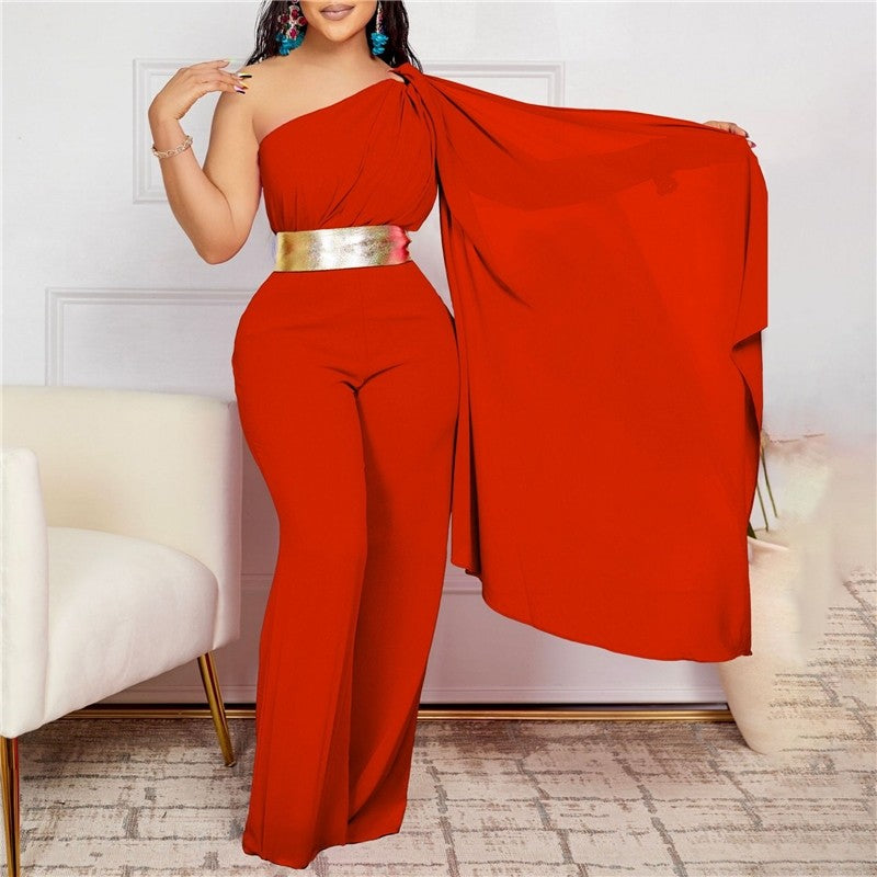 Solid Color Off-Shoulder Pleated Patchwork Jumpsuit