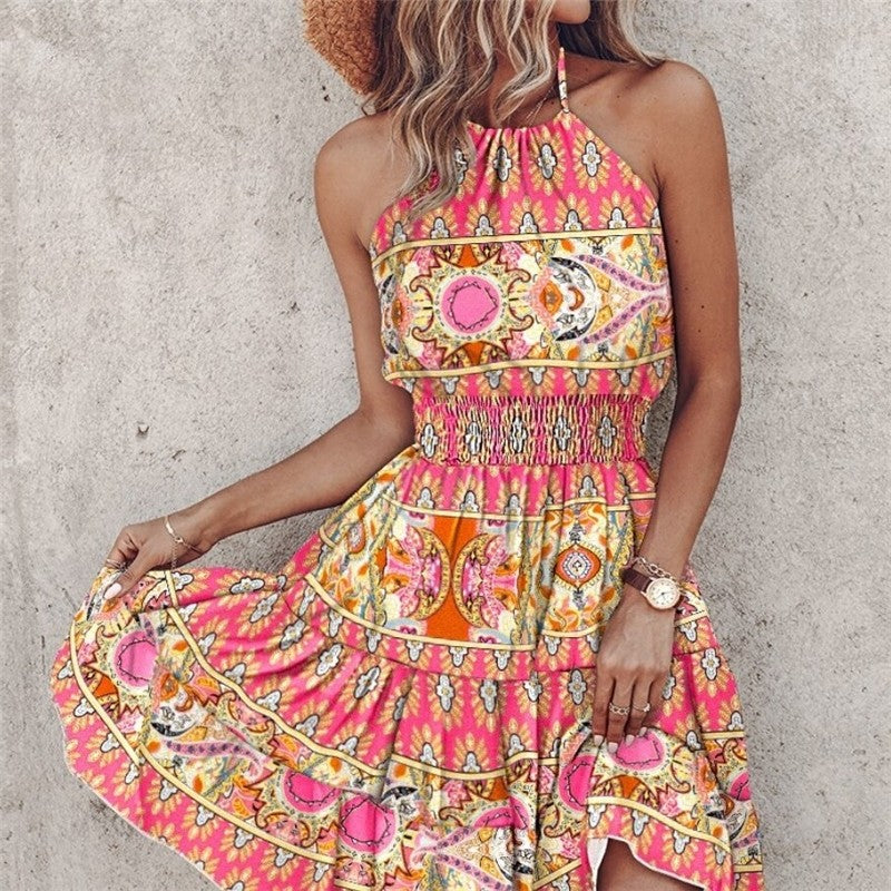 Stylish Off-Shoulder Halter Neck Print Dress