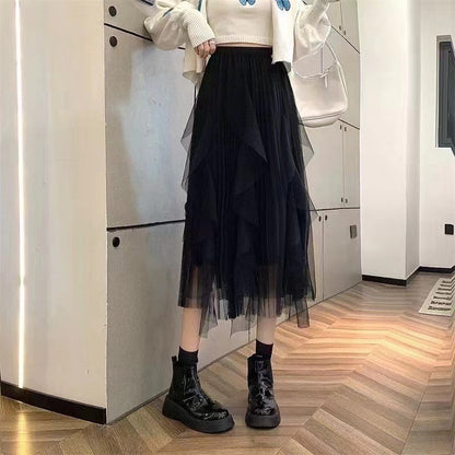 Solid Color Elastic Waist A-Line Mesh Skirt