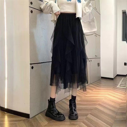 Solid Color Elastic Waist A-Line Mesh Skirt