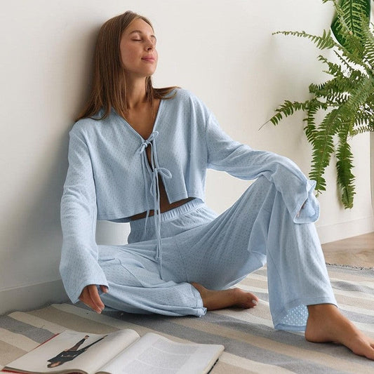 Solid Color Knit Jacquard Long Sleeve Long Pants Lounge Set