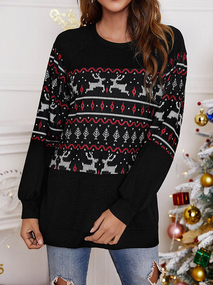 Long Sleeves Loose Animal Printed Flower Print Round-Neck Sweatshirt Tops