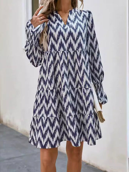A-Line Flared Sleeves Elasticity Printed Split-Joint V-Neck Mini Dresses