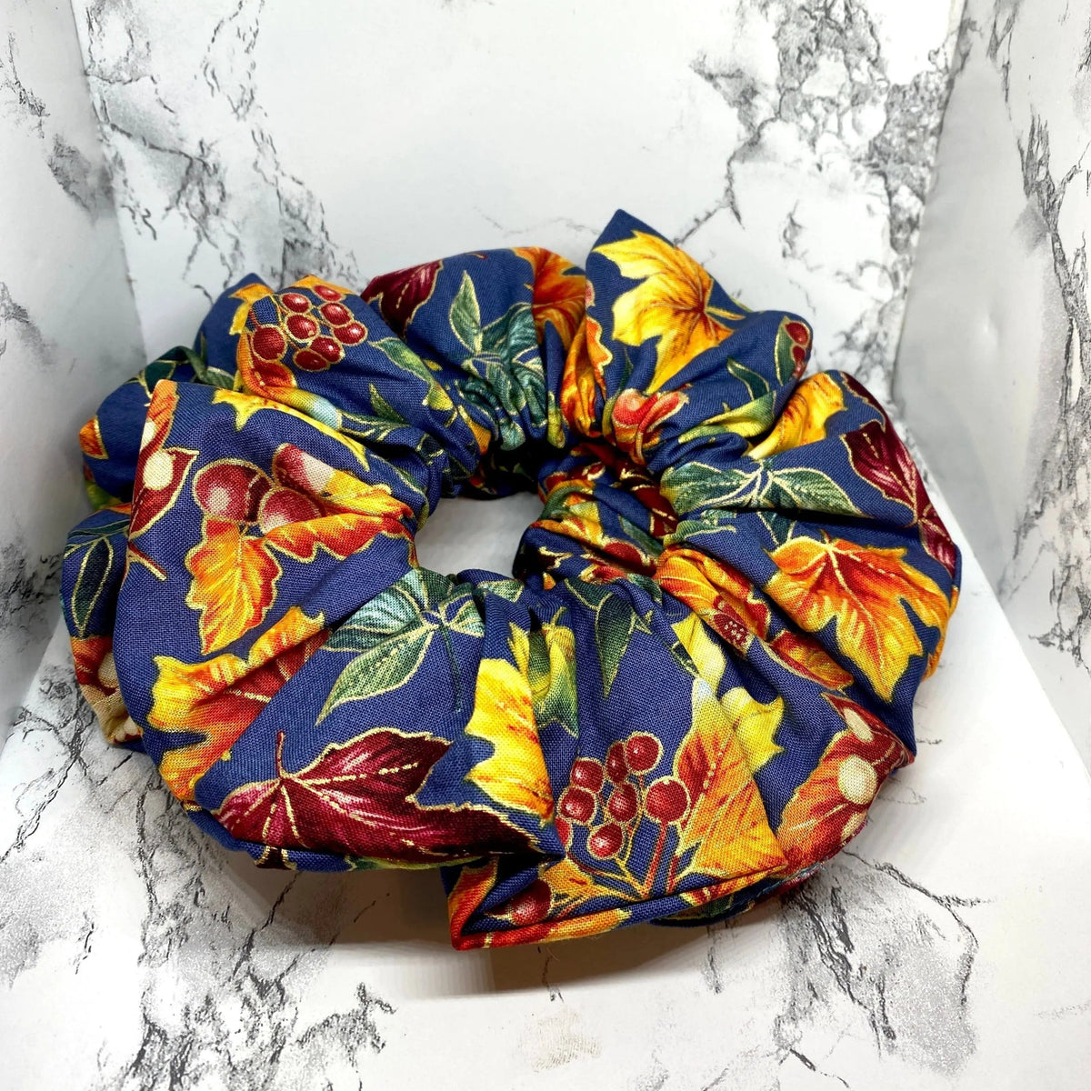 Navy Metallic Leaves Fall Scrunchie