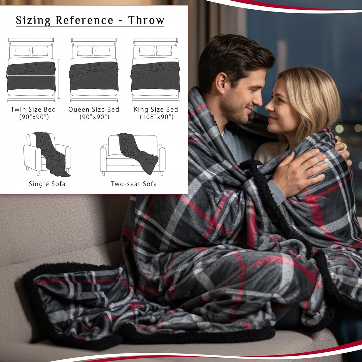 Midnight Plaid Sherpa Throw Blanket 50 x 60 Inches – Soft Fleece Front with Plush Sherpa Backing, Cozy Warm Decorative Throw for Sofa, Couch, Bed & Living Room