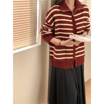 Long Sleeve Lapel Zipper Striped Casual Loose Knitted Cardigan Sweater