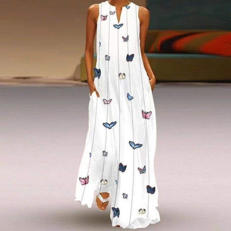 Sleeveless Printed V-Neck Casual Dress