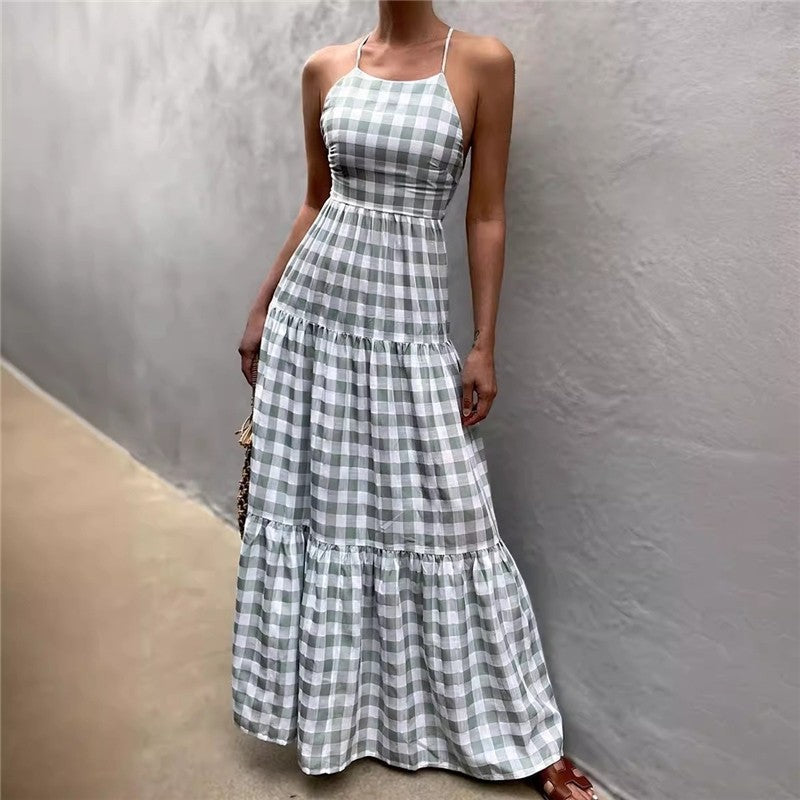 Strappy Plaid Maxi Dress with Tie-Waist - Casual and Chic