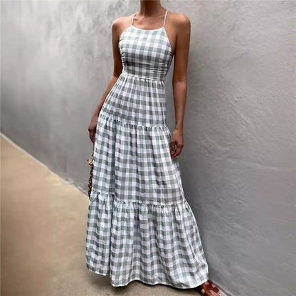 Strappy Plaid Maxi Dress with Tie-Waist - Casual and Chic