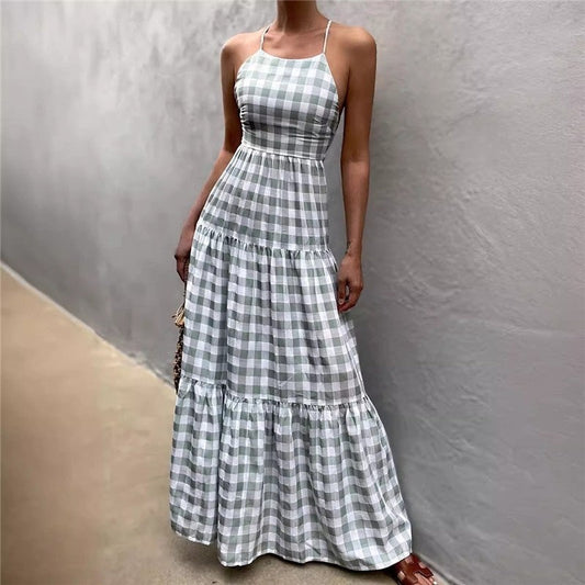 Strappy Plaid Maxi Dress with Tie-Waist - Casual and Chic