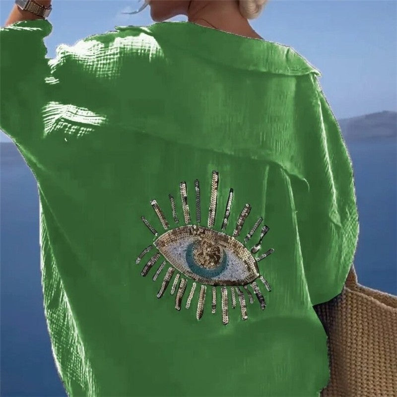 Embroidered Collar Long Sleeve Shirt in Solid Color