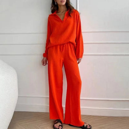 Solid Color Long Sleeve Lapel Blouse and Pants Set