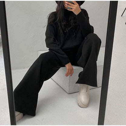 Casual Loose Knitted Two-Piece Set with Solid Color Long Sleeve Top and Pants