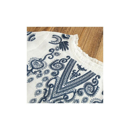 Ethnic-Inspired Loose Fit Pleated Long Sleeve T-Shirt with Embroidery