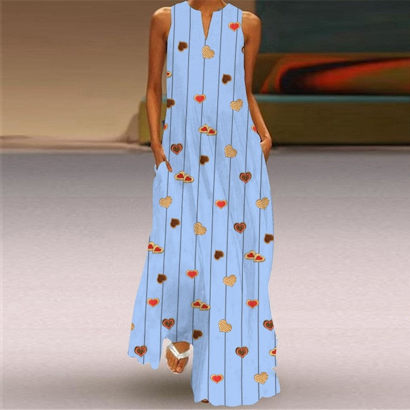 Sleeveless Printed V-Neck Casual Dress