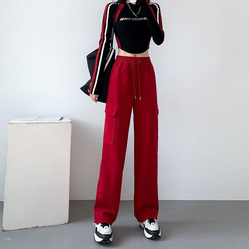 Casual Loose Fit Solid Color Cargo Pants with Elastic Waistband