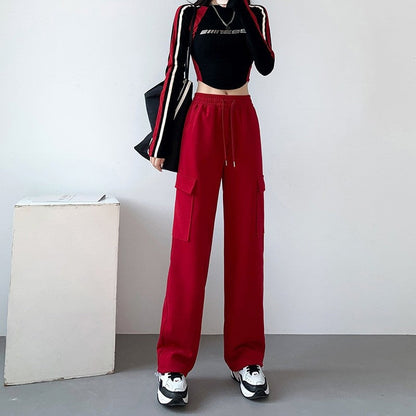 Casual Loose Fit Solid Color Cargo Pants with Elastic Waistband