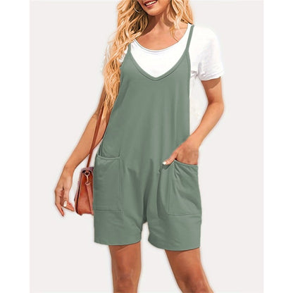 Solid Color Spaghetti Straps Sleeveless Pockets Casual Loose Short Jumpsuits