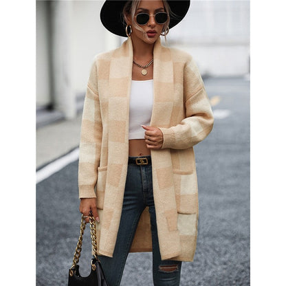Contrast Color Long Sleeve Plaid Casual Loose Knitted Cardigan