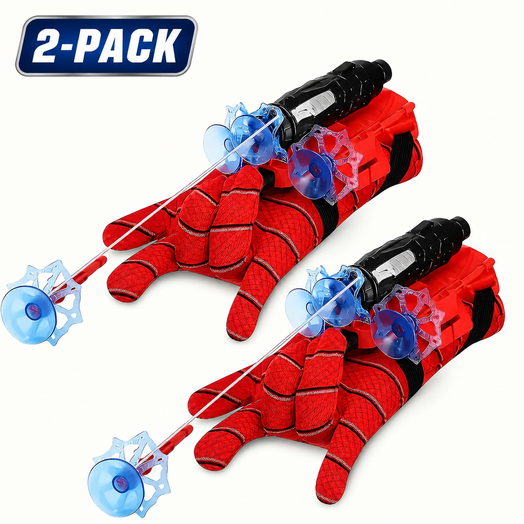 2-Pack Spider Web Launcher Gloves - Red and Blue Hero Toy, 5-Meter Shooting Distance, Absorbable Bullets