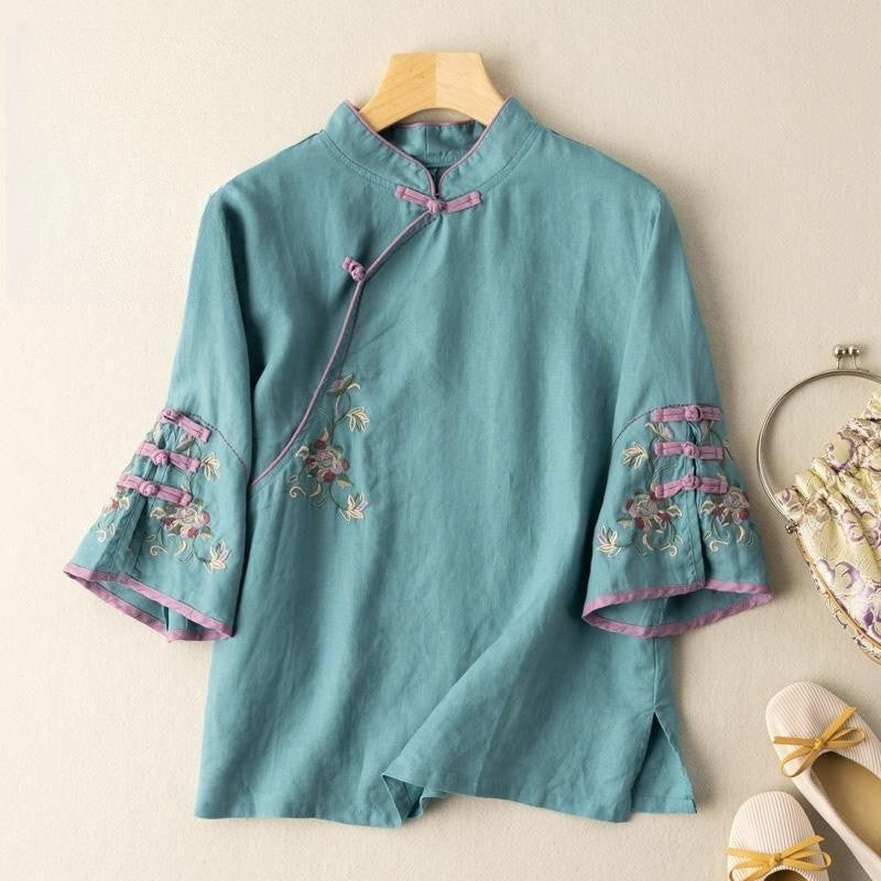 Chic Embroidered Mandarin Collar Cotton and Linen Tea Dress