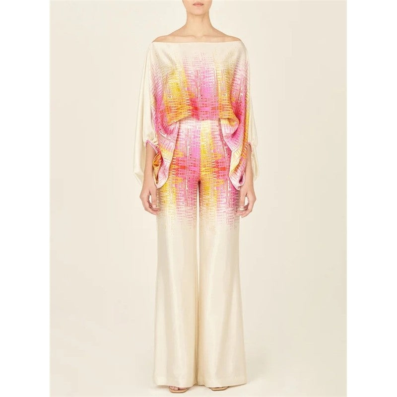 Printing Boat Neck Balloon Sleeve Top And Wide Leg Pants Two Pieces Suits