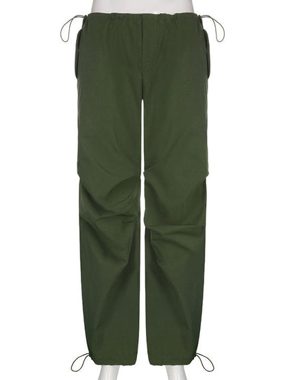 High Waisted Loose Drawstring Pleated Solid Color Pants Trousers
