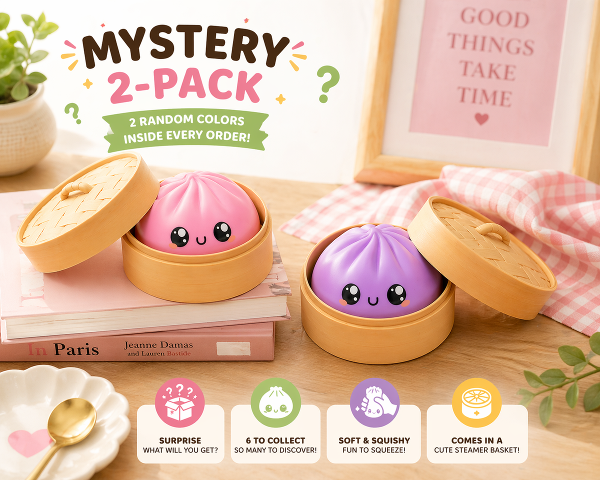 Squishy Dumpling Toys Mystery 2-Pack – Stress Relief Squeeze with Bamboo Steamer Basket, Random Colors Surprise Gift for Kids & Adults