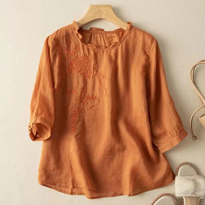 Women's Short Sleeve Cotton Linen Embroidered Lightweight Literary Pleated Blouse