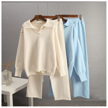 Solid Knit Sweater and Wide Leg Pants Set
