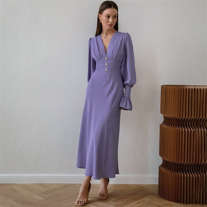 Vibrant V-Neck Midi Dress with Lantern Sleeves and High Waist