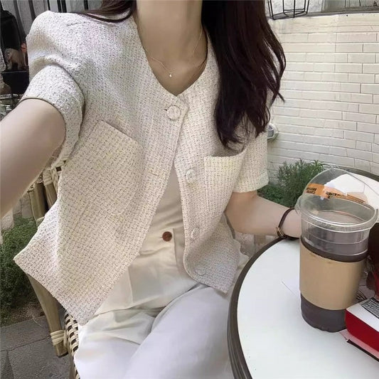 Solid Grid Short Sleeve Cardigan